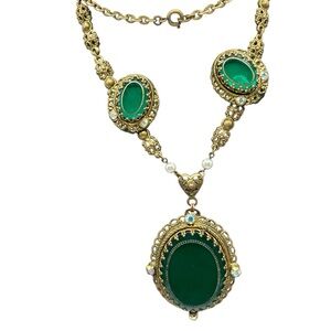Fabulous W. Germany Green Glass AB Rhinestone Necklace Earring Set